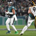 Dec 15, 2024; Philadelphia, Pennsylvania, USA; Philadelphia Eagles quarterback Jalen Hurts (1) against the Pittsburgh Steelers at Lincoln Financial Field.