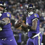 Dec 21, 2024; Baltimore, Maryland, USA; Baltimore Ravens quarterback Lamar Jackson (8) throws from the pocket during the second half against the Pittsburgh Steelers at M&T Bank Stadium. Mandatory Credit: Tommy Gilligan-Imagn Images - NFL