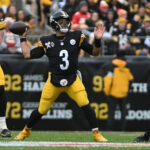 Dec 25, 2024; Pittsburgh, Pennsylvania, USA; Pittsburgh Steelers quarterback Russell Wilson (3) throws a pass against the Kansas City Chiefs during the second quarter at Acrisure Stadium. Mandatory Credit: Barry Reeger-Imagn Images