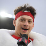 Dec 25, 2024; Pittsburgh, Pennsylvania, USA; Kansas City Chiefs quarterback Patrick Mahomes (15) is interviewed by Netflix reporter Stacey Dales following a win against the Pittsburgh Steelers at Acrisure Stadium. Mandatory Credit: Barry Reeger-Imagn Images