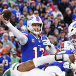 Dec 29, 2024; Orchard Park, New York, USA; Buffalo Bills quarterback Josh Allen (17) throws the ball against the New York Jets during the second half at Highmark Stadium. Mandatory Credit: Gregory Fisher-Imagn Images