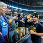 Milwaukee Brewers shortstop Willy Adames (27) interacts with fans during the National League Central Division Championship celebration on Tuesday September 26, 2023 at American Family Field in Milwaukee, Wis.