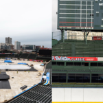Wringley Field sendo preparado para o Winter Classic entre Chicago Blackhawks e St. Louis Blues