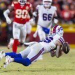 Buffalo Bills tight end Dalton Kincaid (86) drops a pass in the fourth quarter against the Kansas City Chiefs during the AFC Championship game at GEHA Field at Arrowhead Stadium.