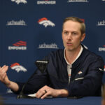 CENTENNIAL, CO - APRIL 22: Denver Broncos assistant GM Darren Mougey during a pre-draft press conference at the Pat Bowlen Fieldhouse April 22, 2022. (Photo by Andy Cross/MediaNews Group/The Denver Post via Getty Images)"n