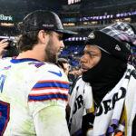 BALTIMORE, MARYLAND - SEPTEMBER 29: Josh Allen #17 of the Buffalo Bills and Lamar Jackson #8 of the Baltimore Ravens embrace after the game at M&T Bank Stadium on September 29, 2024 in Baltimore, Maryland. (Photo by G Fiume/Getty Images) - NFL