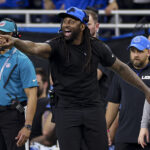 DETROIT, MICHIGAN - DECEMBER 15: Linebackers coach Kelvin Sheppard of the Detroit Lions reacts to a play in the first half of a game against the Buffalo Bills at Ford Field on December 15, 2024 in Detroit, Michigan. (Photo by Mike Mulholland/Getty Images)