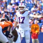 NFL Playoffs Photo - Aug 20, 2022; Orchard Park, New York, USA; Buffalo Bills quarterback Josh Allen (17) at the line of scrimmage in the first quarter of a pre-season game against the Denver Broncos at Highmark Stadium. Mandatory Credit: Mark Konezny-USA TODAY Sports