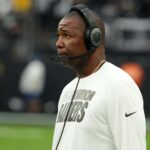 Sep 18, 2022; Paradise, Nevada, USA; Las Vegas Raiders defensive coordinator Patrick Graham reacts in the second half against the Arizona Cardinals at Allegiant Stadium. Mandatory Credit: Kirby Lee-USA TODAY Sports