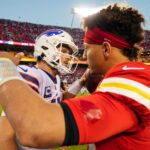Oct 16, 2022; Kansas City, Missouri, USA; Buffalo Bills quarterback Josh Allen (17) hugs Kansas City Chiefs quarterback Patrick Mahomes (15) after a game at GEHA Field at Arrowhead Stadium.
