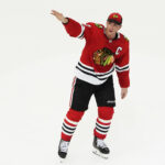 Apr 13, 2023; Chicago, Illinois, USA; Chicago Blackhawks center Jonathan Toews (19) is honored after the game against the Philadelphia Flyers. He played his last game as a Blackhawk, at United Center. Mandatory Credit: David Banks-USA TODAY Sports