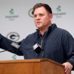Green Bay Packers general manager Brian Gutekunst speaks to media after trading quarterback Aaron Rodgers to the New York Jets on April 25, 2023, at Lambeau Field in Green Bay, Wis.