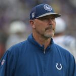 Sep 24, 2023; Baltimore, Maryland, USA; Indianapolis Colts coach Gus Bradley during the game against the Baltimore Ravens at M&T Bank Stadium. Mandatory Credit: Tommy Gilligan-USA TODAY Sports