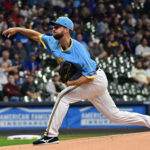 Sep 29, 2023; Milwaukee, Wisconsin, USA; Milwaukee Brewers pitcher Colin Rea (48) pitches against the Chicago Cubs in the first inning at American Family Field. Mandatory Credit: Benny Sieu-USA TODAY Sports