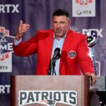 Oct 21, 2023; Foxborough, MA, USA; New England Patriots former linebacker and current Tennessee Titans head coach Mike Vrabel makes a speech at his 2023 Patriots Hall of Fame induction in the Cross Insurance Pavilion at Gillette Stadium. Mandatory Credit: Eric Canha-USA TODAY Sports