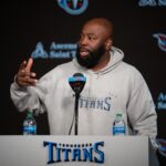 Tennessee Titans General Manager Ran Carthon fields questions at a press conference at Ascension Saint Thomas Sports Park Tuesday morning, April 2, 2024.