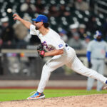 Apr 30, 2024; New York City, New York, USA; New York Mets pitcher Jorge Lopez (52) delivers a pitch against the Chicago Cubs during the ninth inning at Citi Field. Mandatory Credit: Gregory Fisher-USA TODAY Sports - Nationals