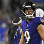 Aug 9, 2024; Baltimore, Maryland, USA; Baltimore Ravens kicker Justin Tucker walks the sidelines during the second half of a preseason game against the Philadelphia Eagles at M&T Bank Stadium. Mandatory Credit: Tommy Gilligan-USA TODAY Sports