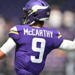 Aug 10, 2024; Minneapolis, Minnesota, USA; Minnesota Vikings quarterback J.J. McCarthy (9) warms up before the game against the Las Vegas Raiders at U.S. Bank Stadium. Mandatory Credit: Jeffrey Becker-USA TODAY Sports
