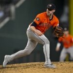 Aug 7, 2024; Arlington, Texas, USA; Houston Astros relief pitcher Ryan Pressly (55) in action during the game between the Texas Rangers and the Houston Astros at Globe Life Field. Mandatory Credit: Jerome Miron-USA TODAY Sports