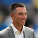 Sep 8, 2024; Inglewood, California, USA; Las Vegas Raiders general manager Tom Telesco watches from the sidelines during the game against the Los Angeles Chargers at SoFi Stadium. Mandatory Credit: Kirby Lee-Imagn Images