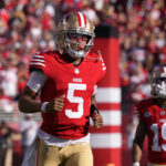 Sep 9, 2024; Santa Clara, California, USA; San Francisco 49ers quarterback Joshua Dobbs (5) before the game against the New York Jets at Levi's Stadium. Mandatory Credit: Darren Yamashita-Imagn Images