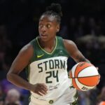 Sep 11, 2024; Los Angeles, California, USA; Seattle Storm guard Jewell Loyd (24) dribbles the ball against the LA Sparks in the second half at Crypto.com Arena.