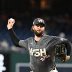 Sep 27, 2024; Washington, District of Columbia, USA; Washington Nationals pitcher Trevor Williams (32) delivers a first inning pitch against the Philadelphia Phillies at Nationals Park.