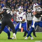 Sep 29, 2024; Baltimore, Maryland, USA; Buffalo Bills quarterback Josh Allen (17) drops back to pass during the first quarter against the Baltimore Ravens at M&T Bank Stadium.