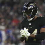 Sep 29, 2024; Baltimore, Maryland, USA; Baltimore Ravens cornerback Marlon Humphrey (44) takes a moment during the second half against the Buffalo Bills at M&T Bank Stadium. Mandatory Credit: Tommy Gilligan-Imagn Images