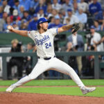 Oct 9, 2024; Kansas City, Missouri, USA; Kansas City Royals pitcher Michael Lorenzen (24) pitches in the ninth inning against the New York Yankees during game three of the NLDS for the 2024 MLB Playoffs at Kauffman Stadium. Mandatory Credit: Peter Aiken-Imagn Images