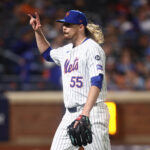 New York Mets pitcher Ryne Stanek (55) walks off the field during the sixth inning against the Los Angeles Dodgers during game five of the NLCS for the 2024 MLB playoffs at Citi Field.