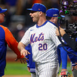 Oct 18, 2024; New York City, New York, USA; New York Mets first baseman Pete Alonso (20) celebrates with teammates after the game against the Los Angeles Dodgers game five of the NLCS for the 2024 MLB playoffs at Citi Field. Mandatory Credit: Vincent Carchietta-Imagn Images