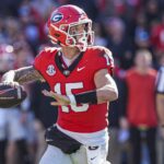 Nov 23, 2024; Athens, Georgia, USA; Georgia Bulldogs quarterback Carson Beck (15) in action against the Massachusetts Minutemen at Sanford Stadium. Mandatory Credit: Dale Zanine-Imagn Images