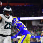 Nov 24, 2024; Inglewood, California, USA; NFL; Philadelphia Eagles running back Saquon Barkley (26) reacts after getting first down against the Los Angeles Rams during the second half at SoFi Stadium.