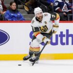 Nov 27, 2024; Denver, Colorado, USA; Vegas Golden Knights defenseman Alex Pietrangelo (7) controls the puck in the third period against the Colorado Avalanche at Ball Arena. Mandatory Credit: Isaiah J. Downing-Imagn Images