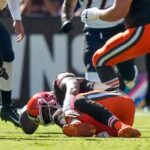 Cleveland Browns quarterback Deshaun Watson (4) goes down with a non-contact injury to his lower leg in the second quarter of the NFL Week 7 game between the Cleveland Browns and the Cincinnati Bengals at Huntington Bank Field in downtown Cleveland on Sunday, Oct. 20, 2024.
