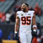 Dec 22, 2024; Cincinnati, Ohio, USA; Cleveland Browns defensive end Myles Garrett (95) warms up before a game against the Cincinnati Bengals at Paycor Stadium. Mandatory Credit: Joseph Maiorana-Imagn Images