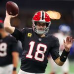 Dec 22, 2024; Atlanta, Georgia, USA; Atlanta Falcons quarterback Kirk Cousins (18) prepares for a game against the New York Giants at Mercedes-Benz Stadium. Mandatory Credit: Brett Davis-Imagn Images