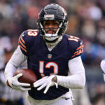 Dec 22, 2024; Chicago, Illinois, USA; Chicago Bears wide receiver Keenan Allen (13) runs after a catch against the Detroit Lions during the second quarter at Soldier Field. Mandatory Credit: Daniel Bartel-Imagn Images