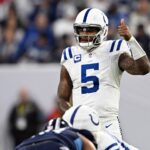 Dec 22, 2024; Indianapolis, Indiana, USA; Indianapolis Colts quarterback Anthony Richardson (5) gives a thumbs up before the snap during the second half against the Tennessee Titans at Lucas Oil Stadium. Mandatory Credit: Marc Lebryk-Imagn Images