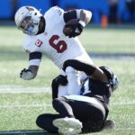 Dec 22, 2024; Charlotte, North Carolina, USA; Arizona Cardinals running back James Conner (6) is brought down by Carolina Panthers linebacker Jacoby Windmon (41) during the second quarter at Bank of America Stadium.