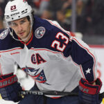 Dec 21, 2024; Philadelphia, Pennsylvania, USA; Columbus Blue Jackets center Sean Monahan (23) against the Philadelphia Flyers at Wells Fargo Center. Mandatory Credit: Eric Hartline-Imagn Images