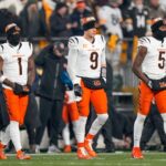 Cincinnati Bengals wide receiver Ja'Marr Chase (1), quarterback Joe Burrow (9) and wide receiver Tee Higgins (5) take the field as captains for the coin toss before the first quarter of the NFL Week 18 game between the Pittsburgh Steelers and the Cincinnati Bengals at Acrisure Stadium in Pittsburgh on Saturday, Jan. 4, 2025.