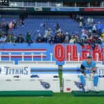 Tennessee Titans offensive tackle Dillon Radunz (75) lingers on the sideline after the game with the Houston Texans at Nissan Stadium in Nashville, Tenn., Sunday, Jan. 5, 2025.