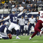 Jan 5, 2025; Arlington, Texas, USA; Dallas Cowboys place kicker Brandon Aubrey (17) kicks a field goal during the game against the Washington Commanders at AT&T Stadium. Mandatory Credit: Kevin Jairaj-Imagn Images