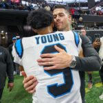 Jan 5, 2025; Atlanta, Georgia, USA; Carolina Panthers head coach Dave Canales celebrates with quarterback Bryce Young (9) after an overtime victory over the Atlanta Falcons at Mercedes-Benz Stadium. Mandatory Credit: Brett Davis-Imagn Images