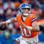 Jan 5, 2025; Denver, Colorado, USA; Denver Broncos quarterback Bo Nix (10) looks to pass in the third quarter against the Kansas City Chiefs at Empower Field at Mile High.