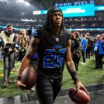 Detroit Lions running back Jahmyr Gibbs (26) exits the field after 31-9 win over Minnesota Vikings at Ford Field in Detroit on Sunday, Jan. 5, 2025.