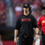 Jan 5, 2025; Glendale, Arizona, USA; San Francisco 49ers defensive coordinator Nick Sorensen against the Arizona Cardinals at State Farm Stadium. Mandatory Credit: Mark J. Rebilas-Imagn Images